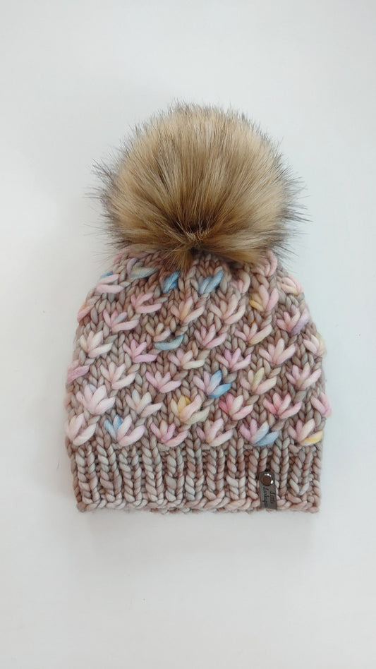 Handknit Adult Hat w/ Faux Fur Pom Pom. 100% Merino Wool. Lotus Flower Beanie. Mocha Warm Colors with Pink Pastels. Super Soft Winter Hat.