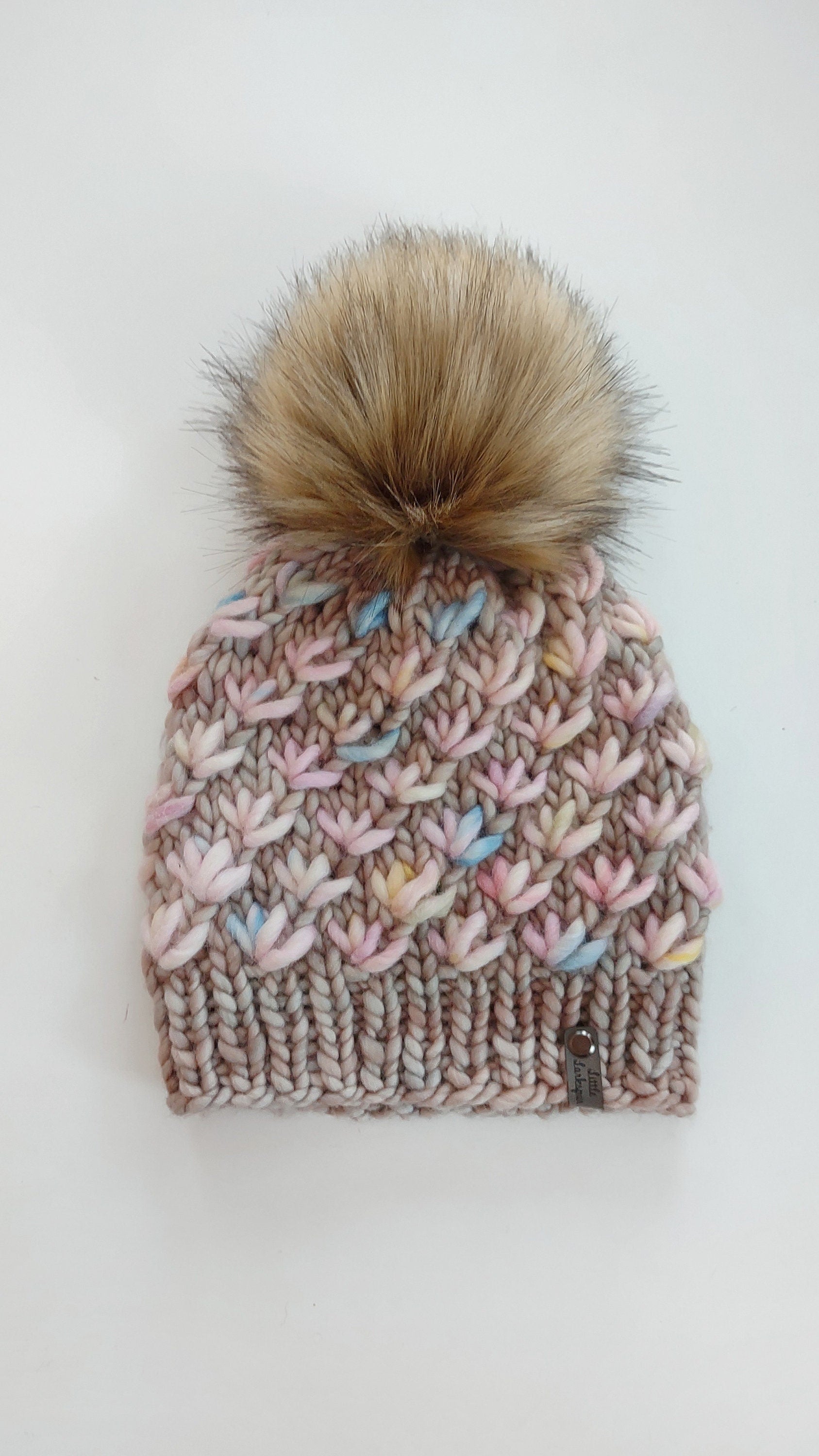 Handknit Adult Hat w/ Faux Fur Pom Pom. 100% Merino Wool. Lotus Flower Beanie. Mocha Warm Colors with Pink Pastels. Super Soft Winter Hat.