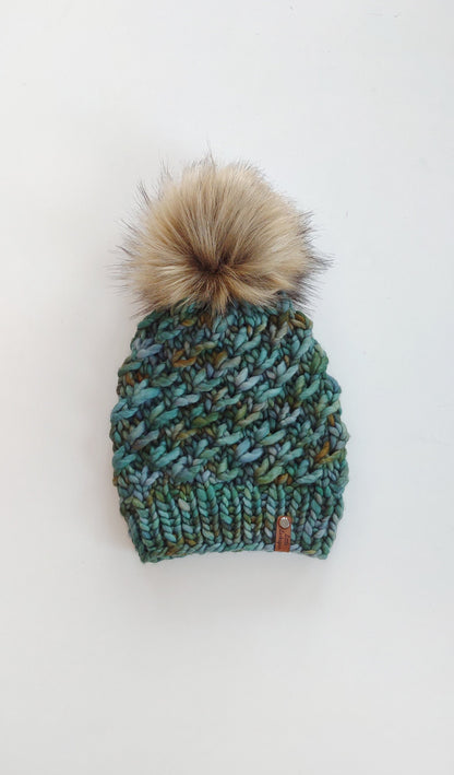 Luxury Adult Merino Wool Hand Knit Hat. Crush Hat. Soft hand knitted hat. Malabrigo Rasta. Greens & blues beanie with faux fur pom pom.