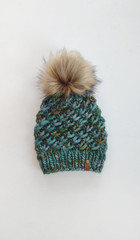 Luxury Adult Merino Wool Hand Knit Hat. Crush Hat. Soft hand knitted hat. Malabrigo Rasta. Greens & blues beanie with faux fur pom pom.