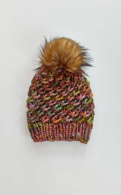 Luxury Adult Merino Wool Hand Knit Hat. Crush Hat. Soft hand knitted hat. Malabrigo Rasta. Coppery Autumn colors beanie with faux fur pom.