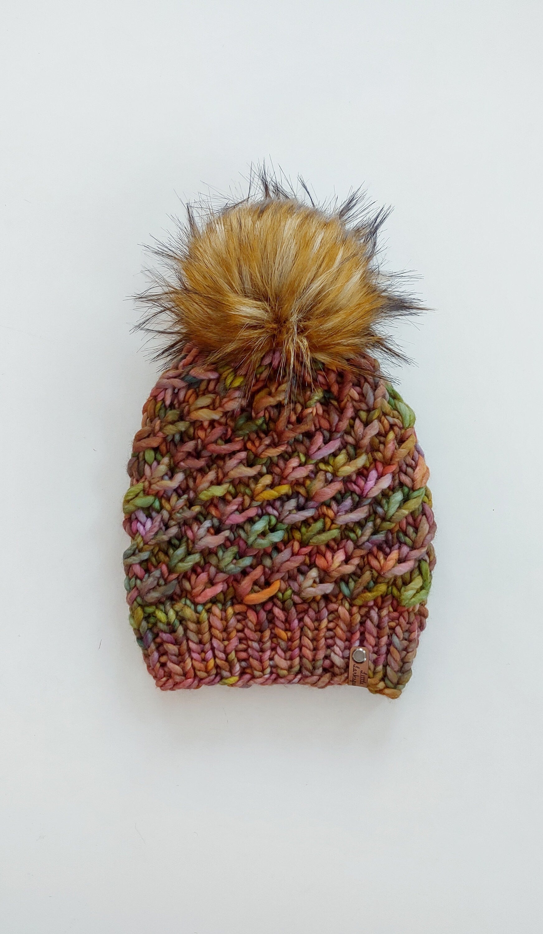 Luxury Adult Merino Wool Hand Knit Hat. Crush Hat. Soft hand knitted hat. Malabrigo Rasta. Coppery Autumn colors beanie with faux fur pom.