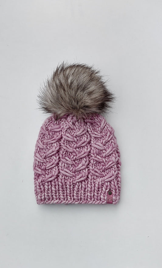 Merino Wool Adult Hand Knit Hat w/ Faux Fur Pom Pom. Blush Pink Painted Lady Beanie. Luxury Beanie. Malabrigo. Soft hand knit beanie.
