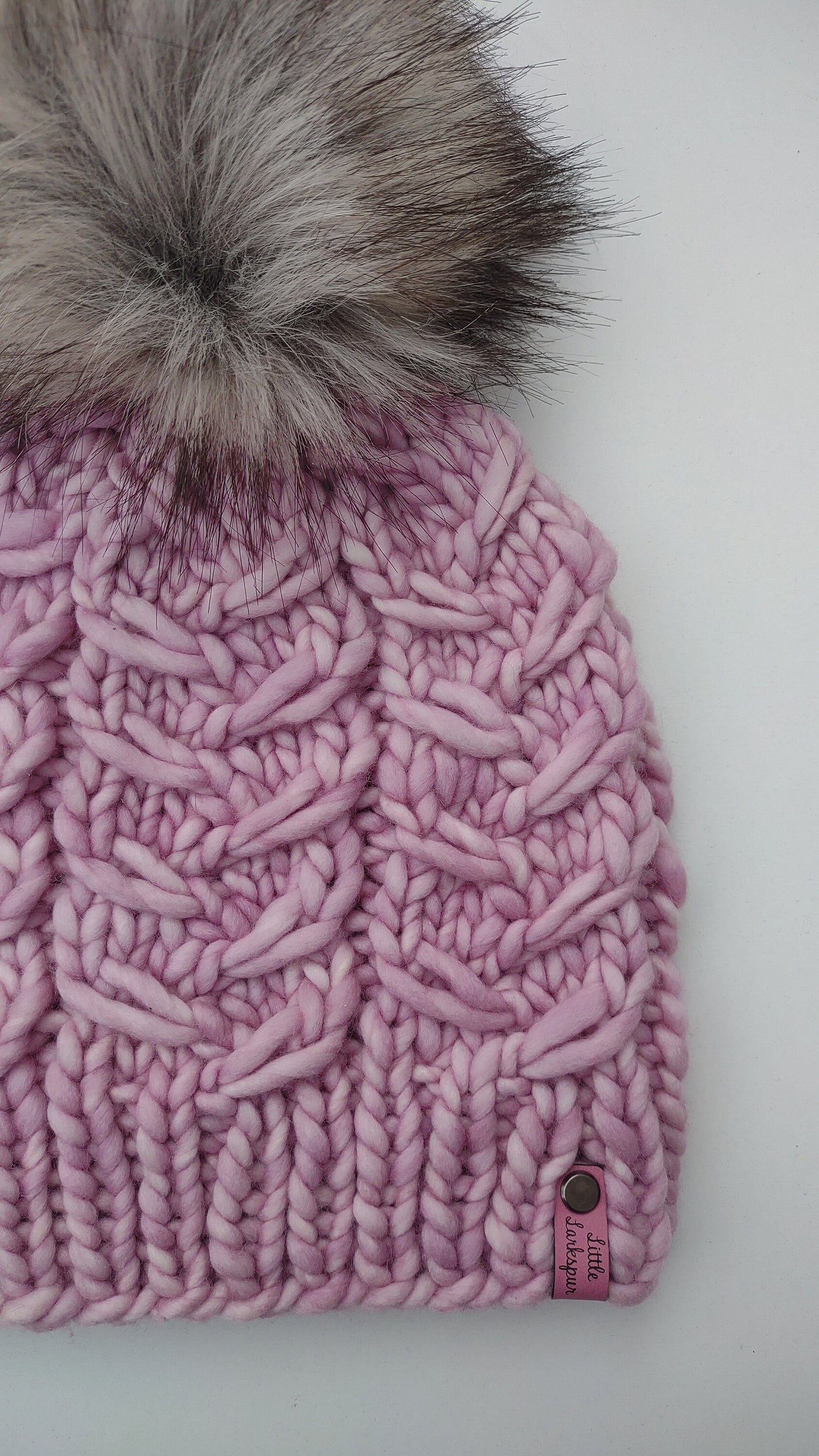 Merino Wool Adult Hand Knit Hat w/ Faux Fur Pom Pom. Blush Pink Painted Lady Beanie. Luxury Beanie. Malabrigo. Soft hand knit beanie.