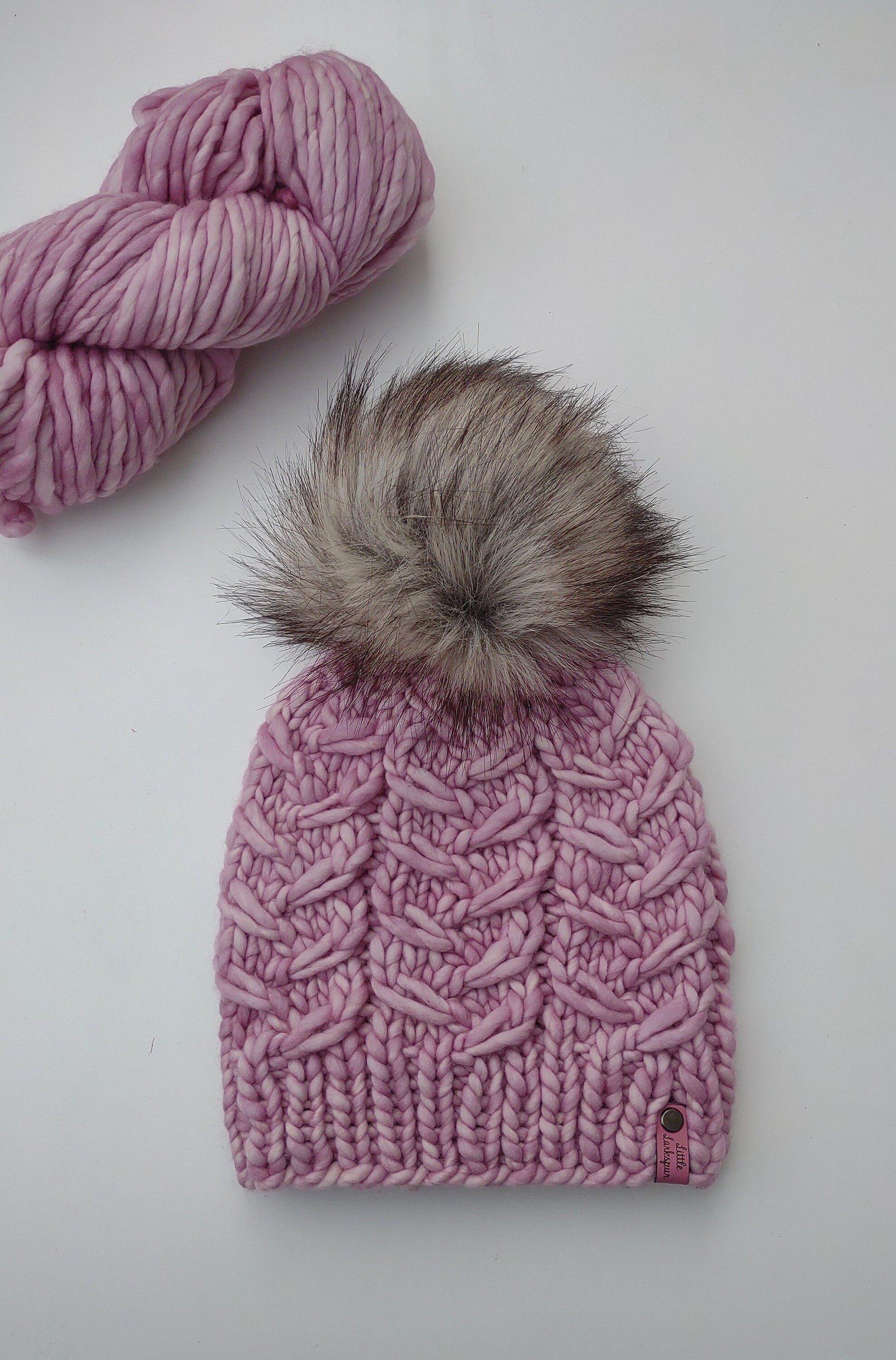 Merino Wool Adult Hand Knit Hat w/ Faux Fur Pom Pom. Blush Pink Painted Lady Beanie. Luxury Beanie. Malabrigo. Soft hand knit beanie.