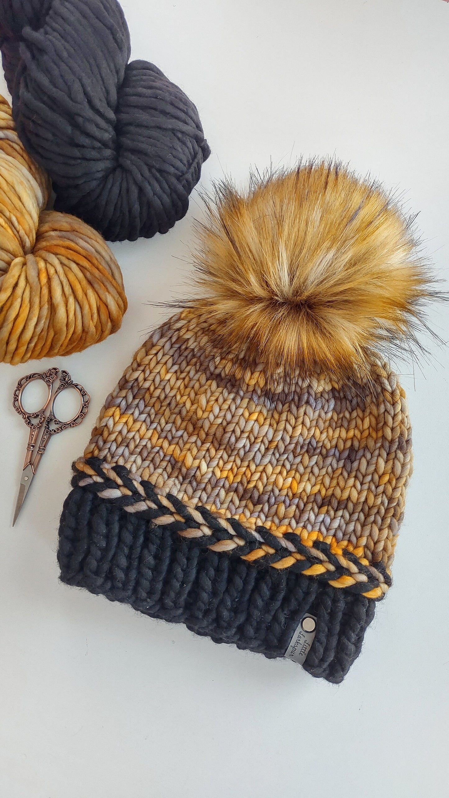 Gold and Black Merino Wool Adult Hand Knit Hat w/ Faux Fur Pom Pom. Tidal Crest Beanie. Luxury Beanie Winter Hat. Malabrigo Rasta. Golden