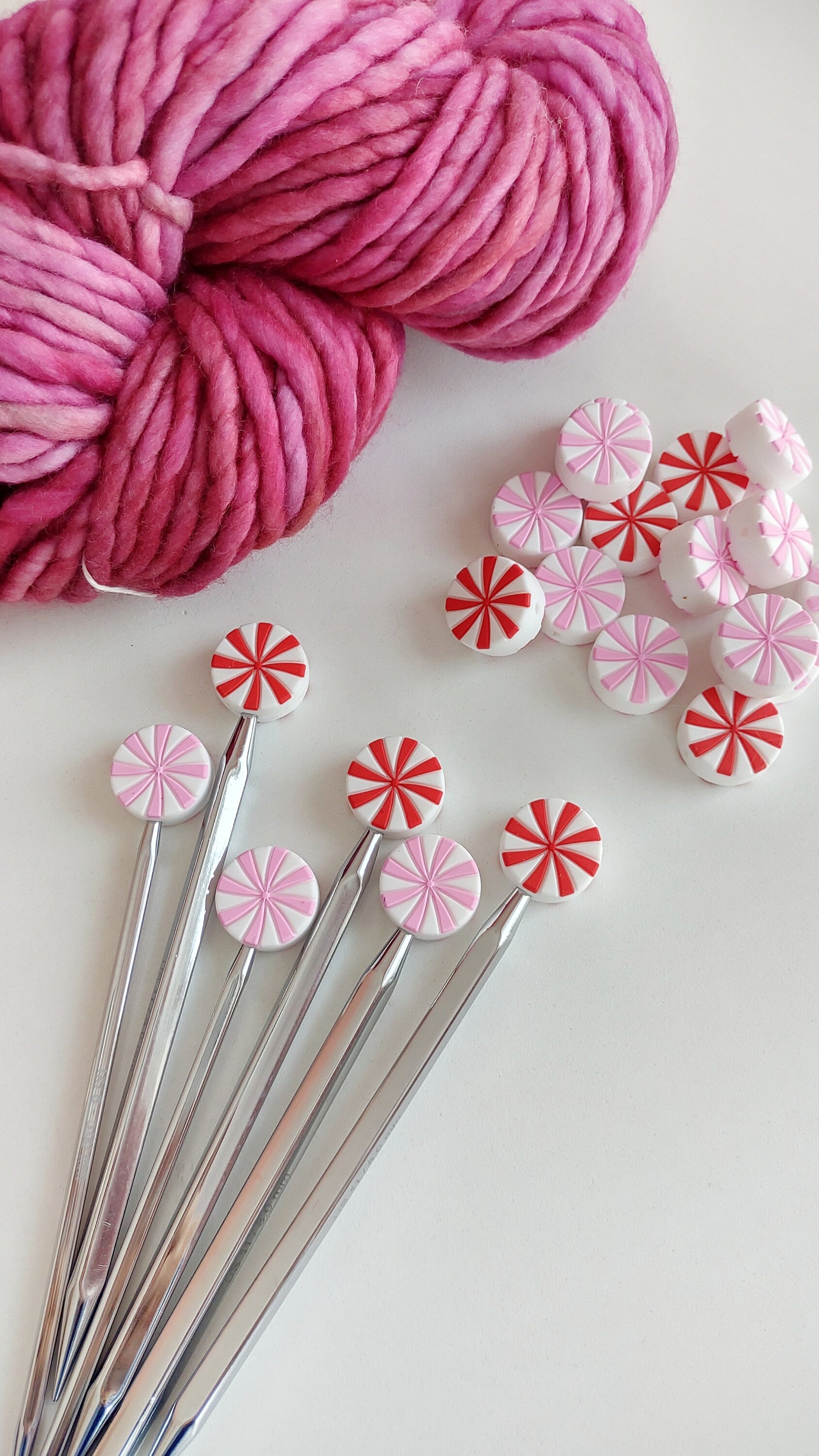 Red White Swirl Knitting Needle Stitch Stoppers. Needle Protectors. Knitting Needle Stoppers. Knitting Notions, Supplies, Tools. Accessories