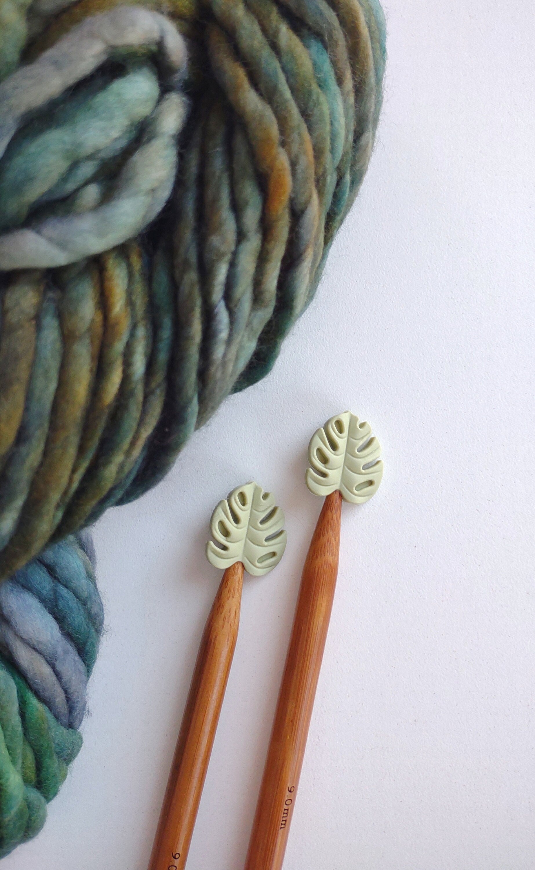 Sage Green Monstera Leaves Knitting Needle Protectors. Knitting Needle Stitch Stoppers. Notions, Accessories, Supplies, Tools. Light Green