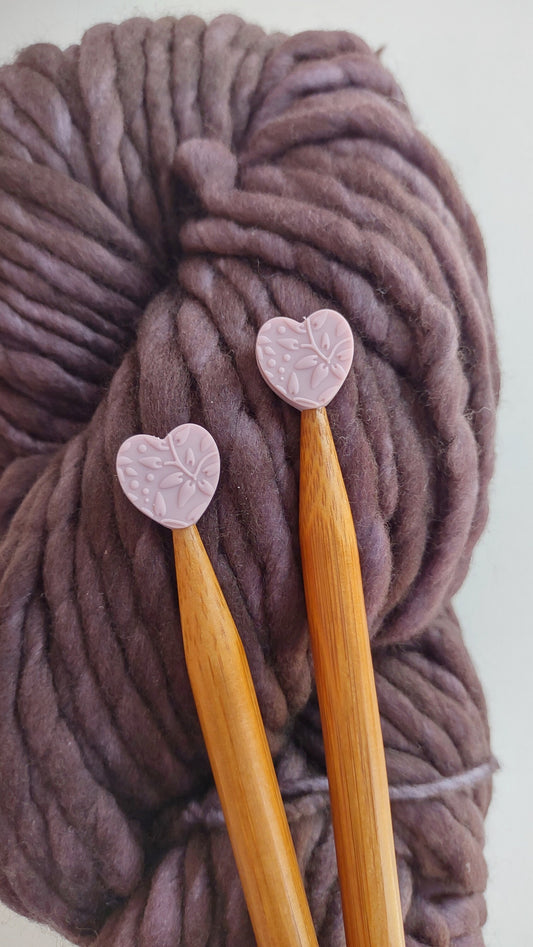 Mauve Embossed Heart Knitting Needle Stitch Stoppers. Needle Protectors. Knitting Notions, Accessories, Supplies, Tools.