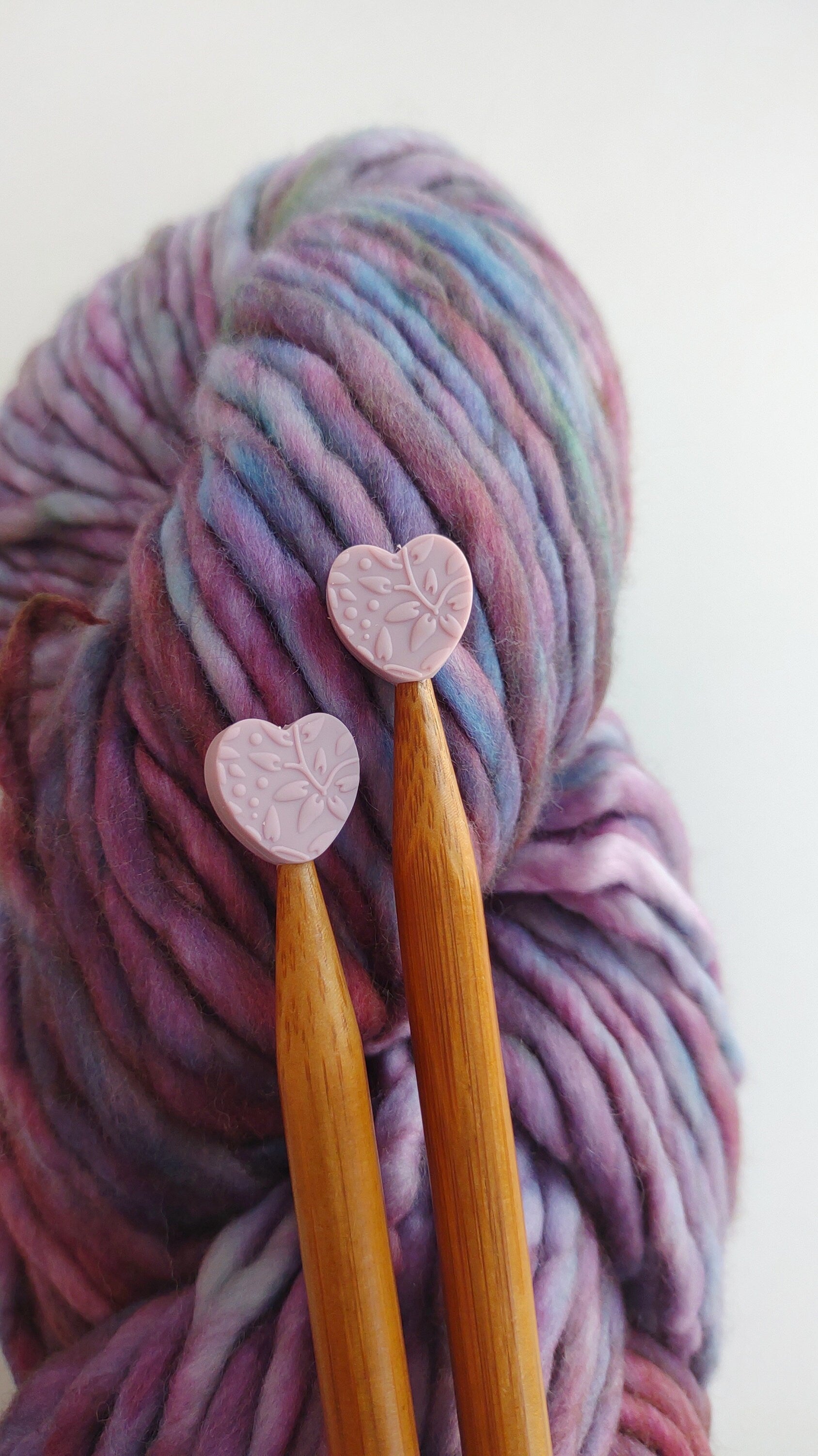 Mauve Embossed Heart Knitting Needle Stitch Stoppers. Needle Protectors. Knitting Notions, Accessories, Supplies, Tools.