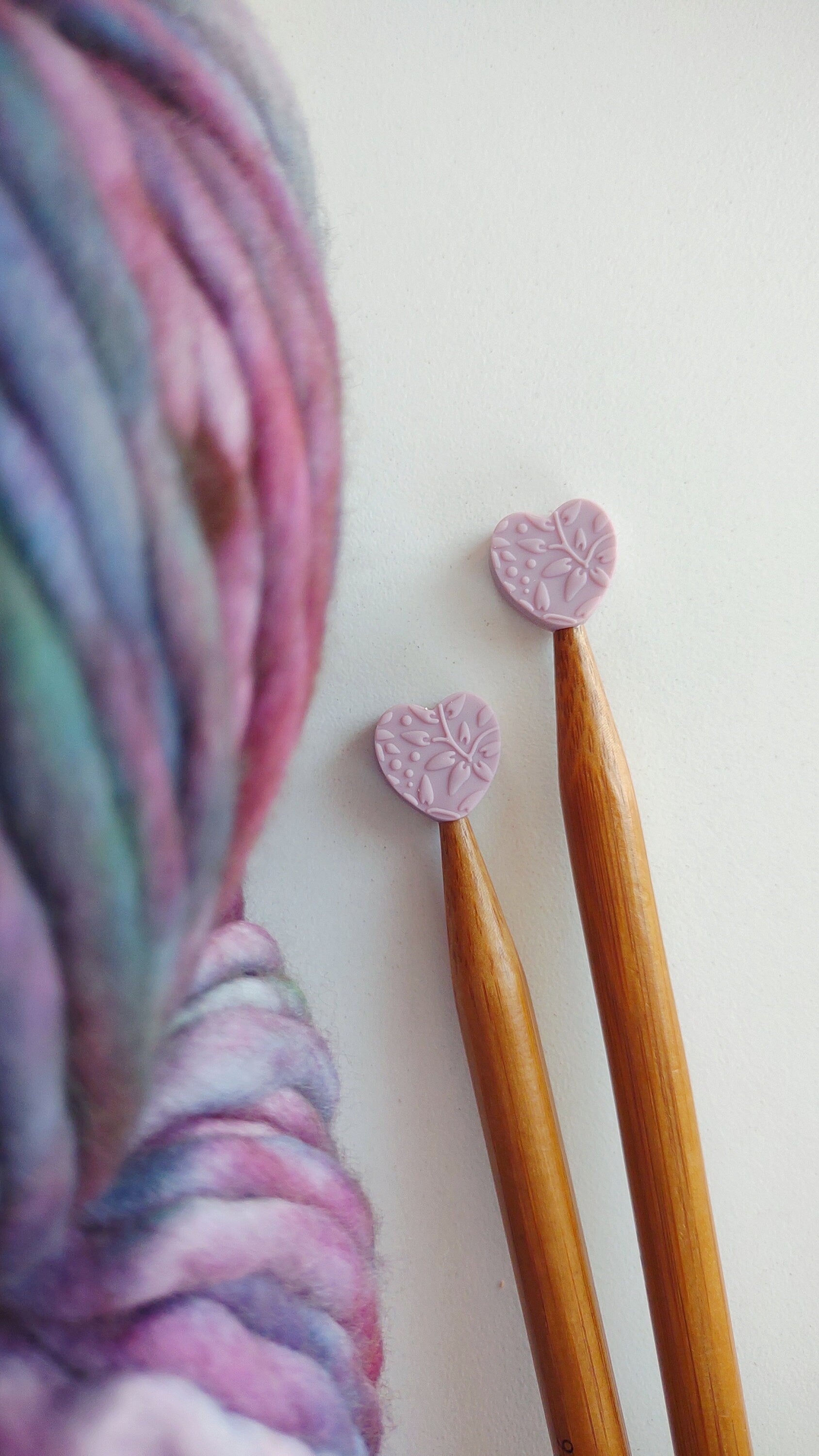 Mauve Embossed Heart Knitting Needle Stitch Stoppers. Needle Protectors. Knitting Notions, Accessories, Supplies, Tools.