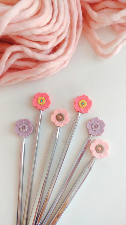 Bright Pink Poppy Flower knitting Needle Stitch Stoppers. Needle Protector. Knitting Needle Stoppers. Notions, Accessories, Supplies, Tools.