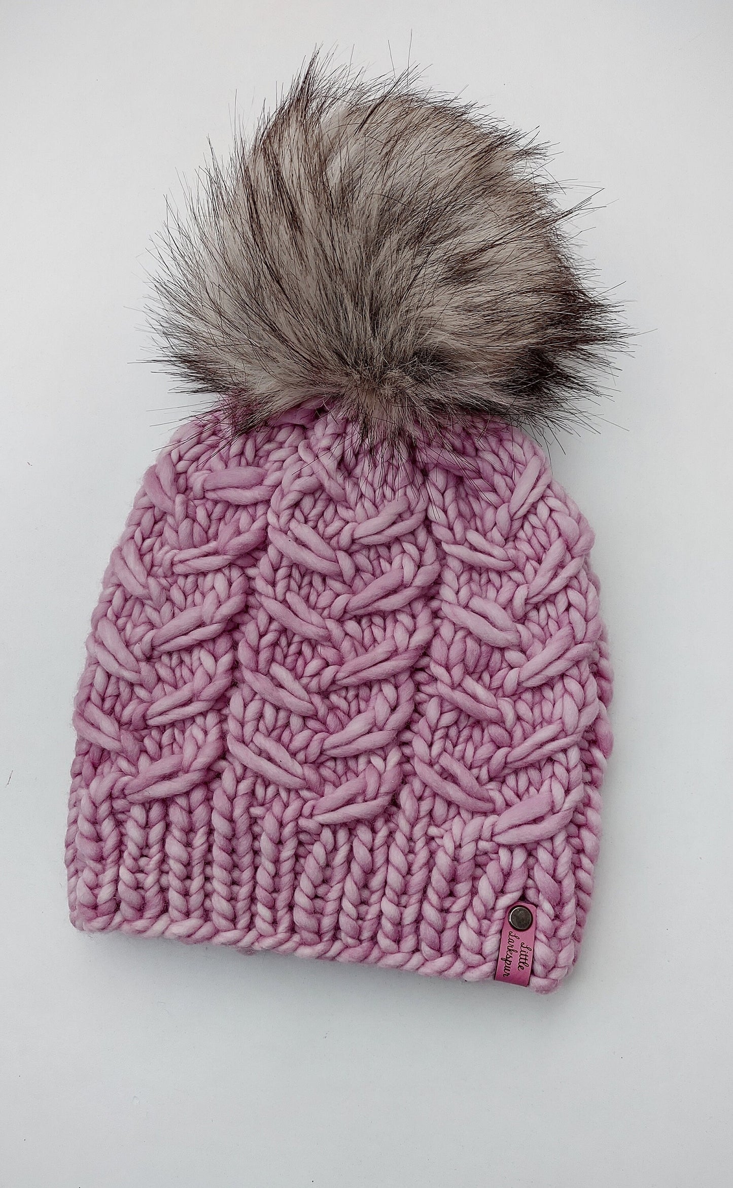 Merino Wool Adult Hand Knit Hat w/ Faux Fur Pom Pom. Blush Pink Painted Lady Beanie. Luxury Beanie. Malabrigo. Soft hand knit beanie.