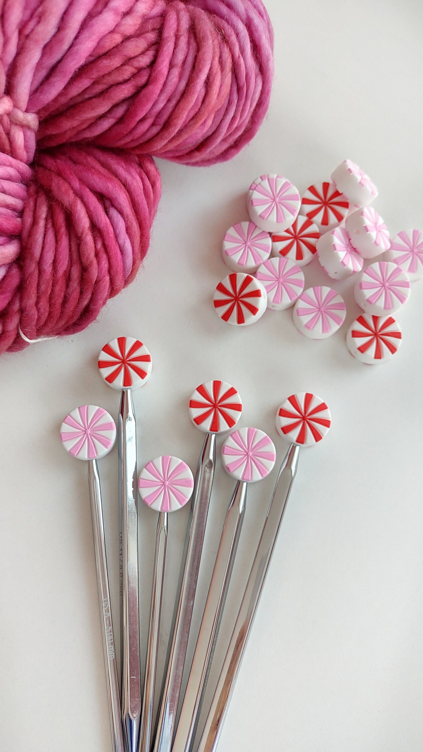 Red White Swirl Knitting Needle Stitch Stoppers. Needle Protectors. Knitting Needle Stoppers. Knitting Notions, Supplies, Tools. Accessories