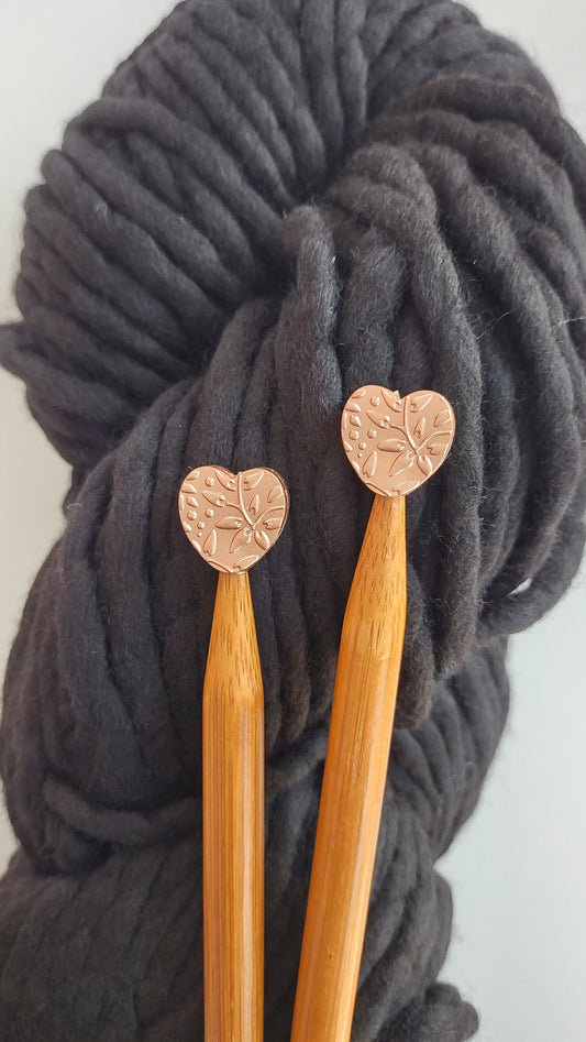 Metallic Rose Gold Embossed Heart Knitting Needle Stitch Stoppers. Needle Protectors. Knitting Notions, Accessories, Supplies, Tools.