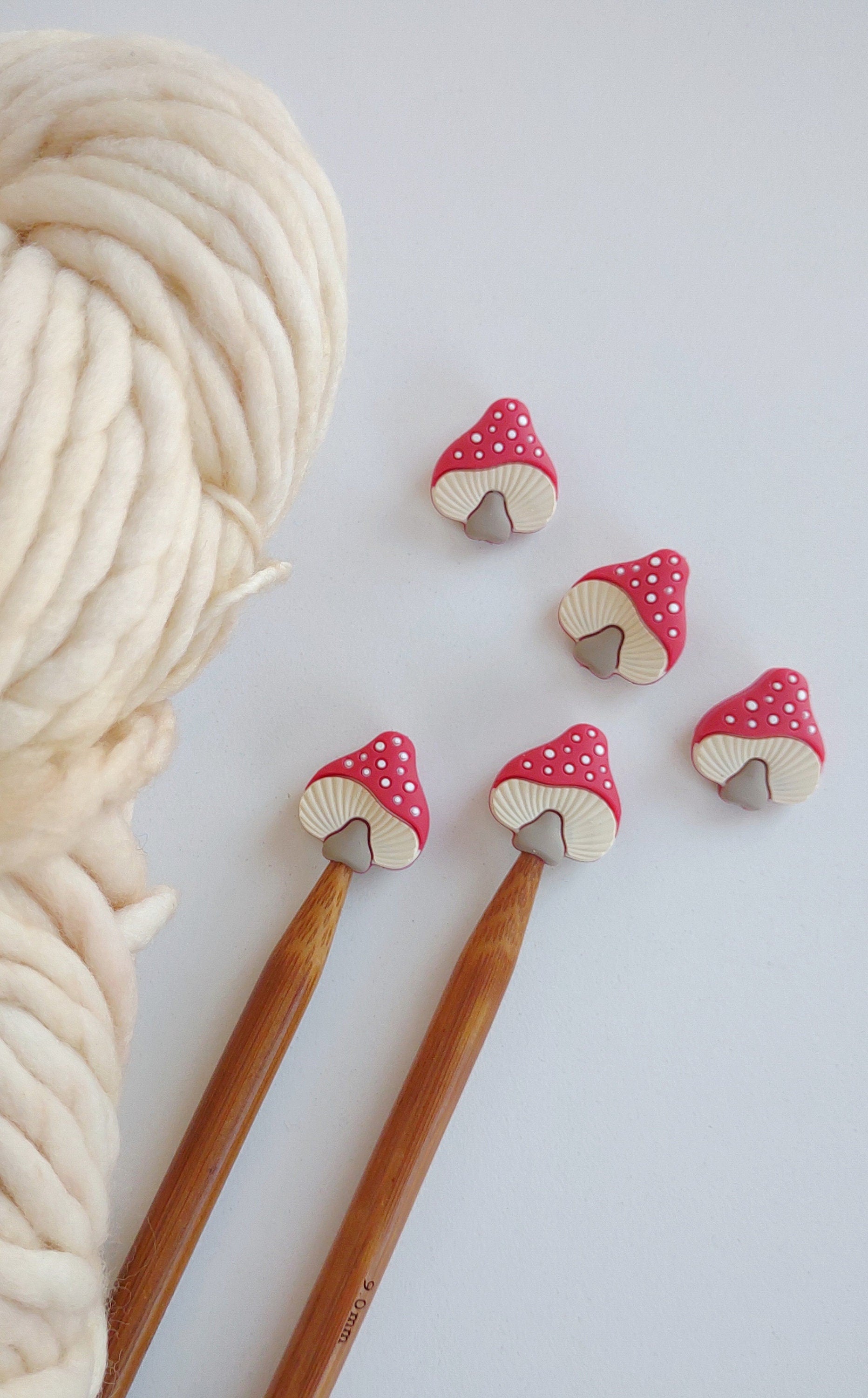 Red Mushroom Knitting Needle Stitch Stoppers. Needle Protectors. Knitting Needle Stoppers. Knitting Notions, Accessories, Supplies, Tools.